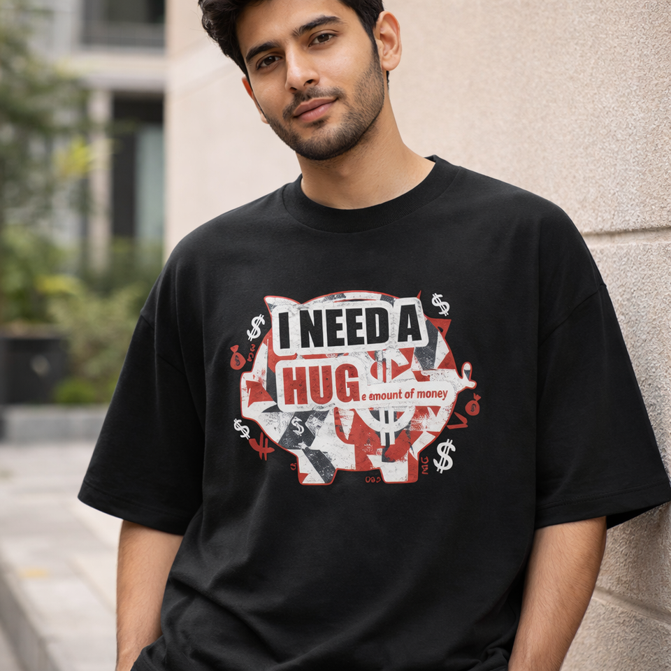 "I NEED A HUG e amount of money" Oversized T-Shirt – Unisex Streetwear - View 1