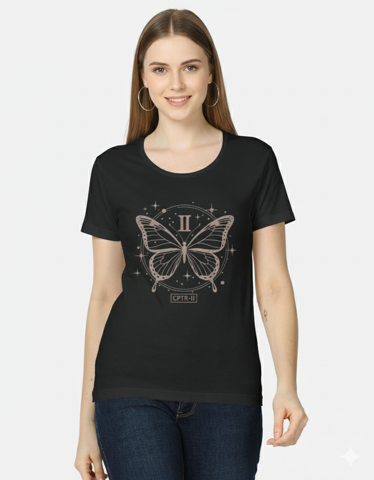 Abstract Butterfly Wings Number II Black T-Shirt – Elegant Minimal Graphic Tee for Women