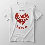 White t-shirt with red heart design and text on a light gray background - View 2