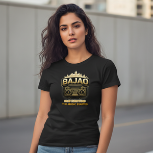 Indian Female model wearing Trendble Bajao Music Edition black regular fit t-shirt, streetwear fashion for music lovers in India