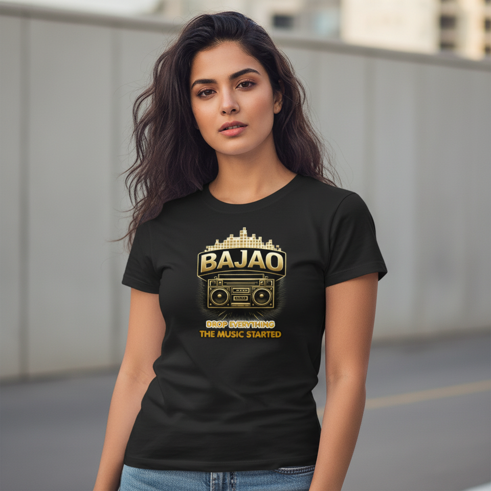 Indian Female model wearing Trendble Bajao Music Edition black regular fit t-shirt, streetwear fashion for music lovers in India - View 1