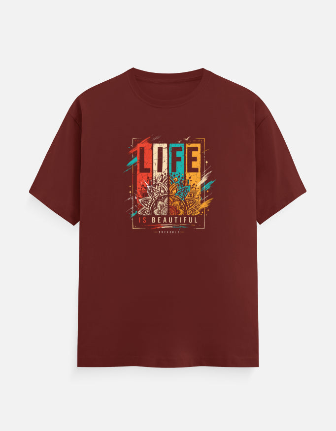 Brick red graphic t shirt with Life is Beautiful quote and mandala artwork, unisex cotton t shirt for casual daily wear in India - View 9