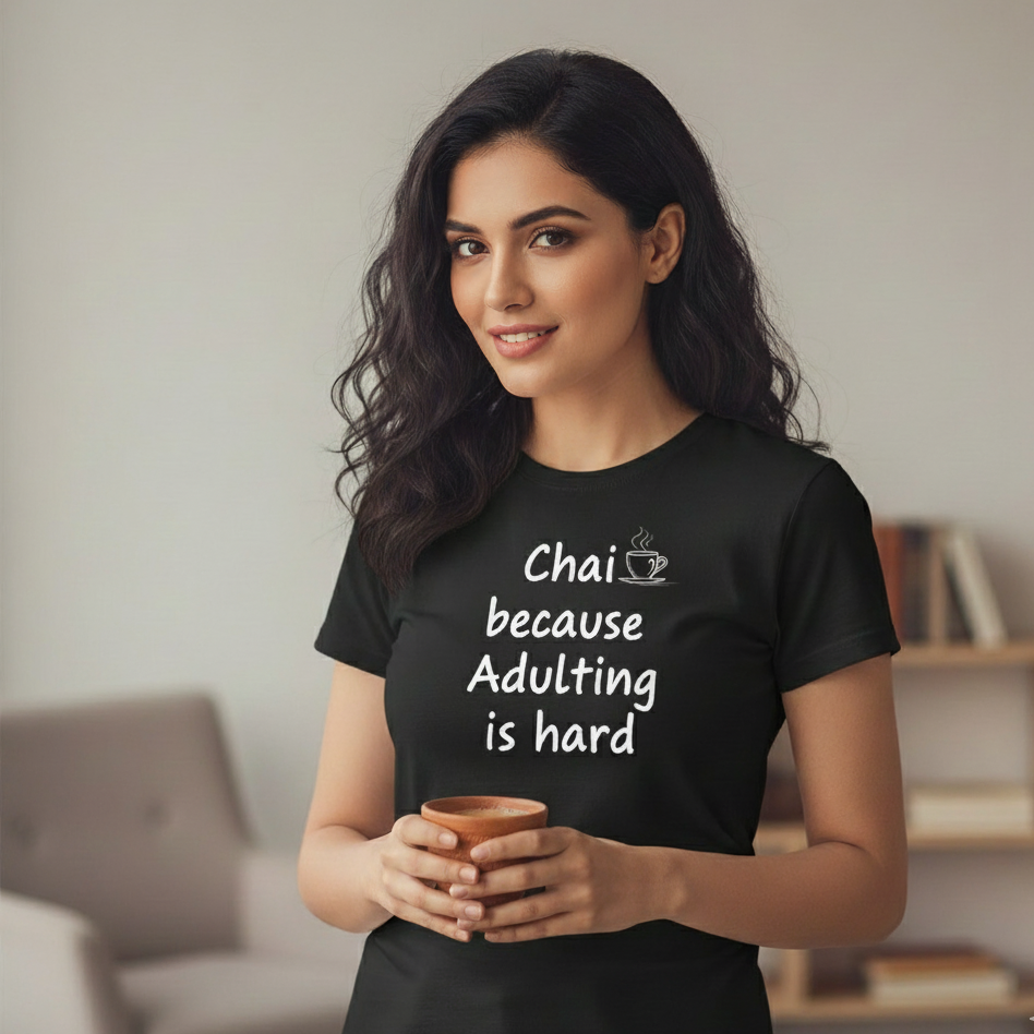 Woman wearing a black t-shirt with 'Chai because Adulting is hard' text, holding a cup. - View 1