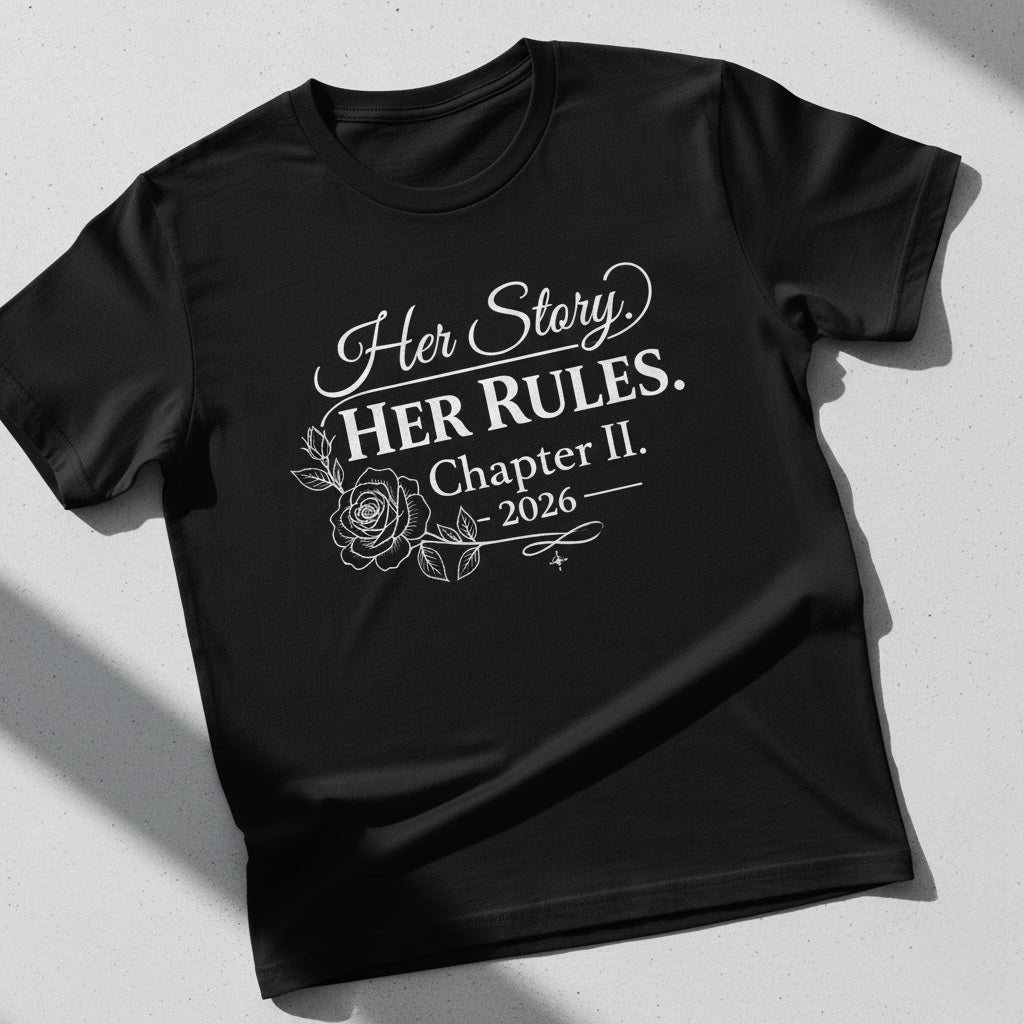 CPTR-II “Her Story Her Rules – Chapter II 2026” Black T-Shirt | Women’s Empowerment Quote Tee, Half Sleeve