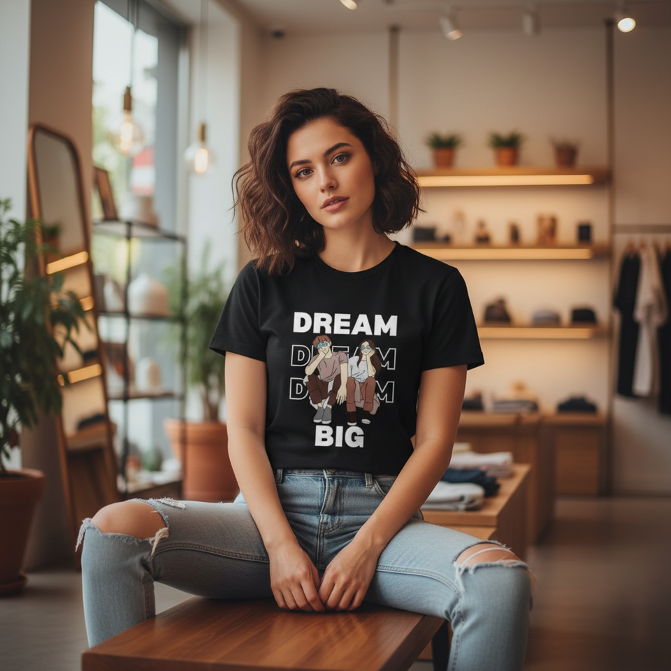 Woman wearing a black t-shirt with graphic design and text in a store setting - View 1