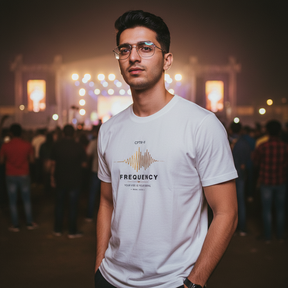 Man wearing a white t-shirt with text Frequency Music Edition T-shirt and graphics at a concert or event. - View 2