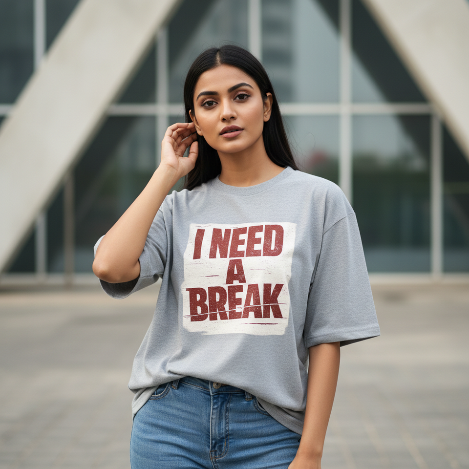 Grey Oversized T-Shirt Fashion Photography - I Need A Break - Female Model from Kolkata - View 1