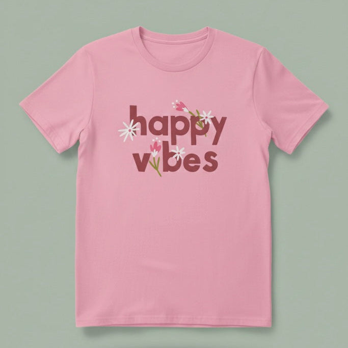 Happy Vibes Pink T-Shirt | Light Baby Pink Half-Sleeve Quote Tee | TheUnboxify.com