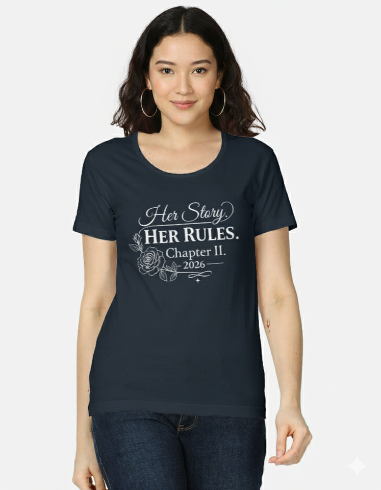 CPTR-II “Her Story Her Rules – Chapter II 2026” Black T-Shirt | Women’s Empowerment Quote Tee, Half Sleeve