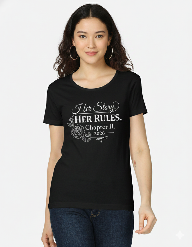 CPTR-II “Her Story Her Rules – Chapter II 2026” Black T-Shirt | Women’s Empowerment Quote Tee, Half Sleeve