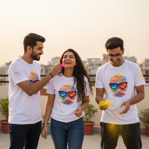 Three Indian friends wearing Holi Crew t-shirts celebrating Holi festival - male and female group lifestyle photography