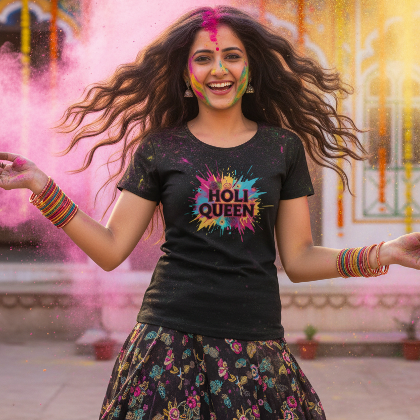 Holi Queen Black T-Shirt for Women - Festival Streetwear - View 2