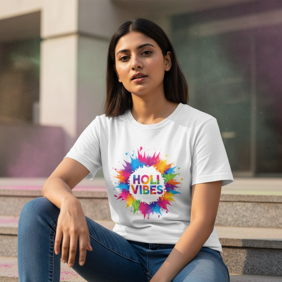Indian female model from Kolkata wearing Holi Vibes t-shirt - lifestyle fashion photography - View 1