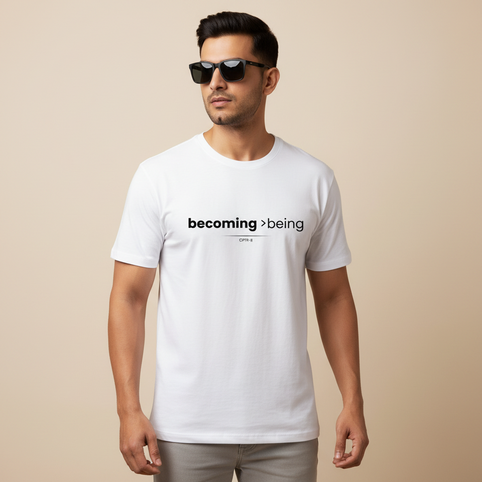 indian-male-model-becoming-being-tshirt-white - View 1
