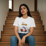 Female wearing white regular fit cotton t-shirt with Life is a Journey quote, minimal unisex streetwear t-shirt for everyday wear in India - View 1