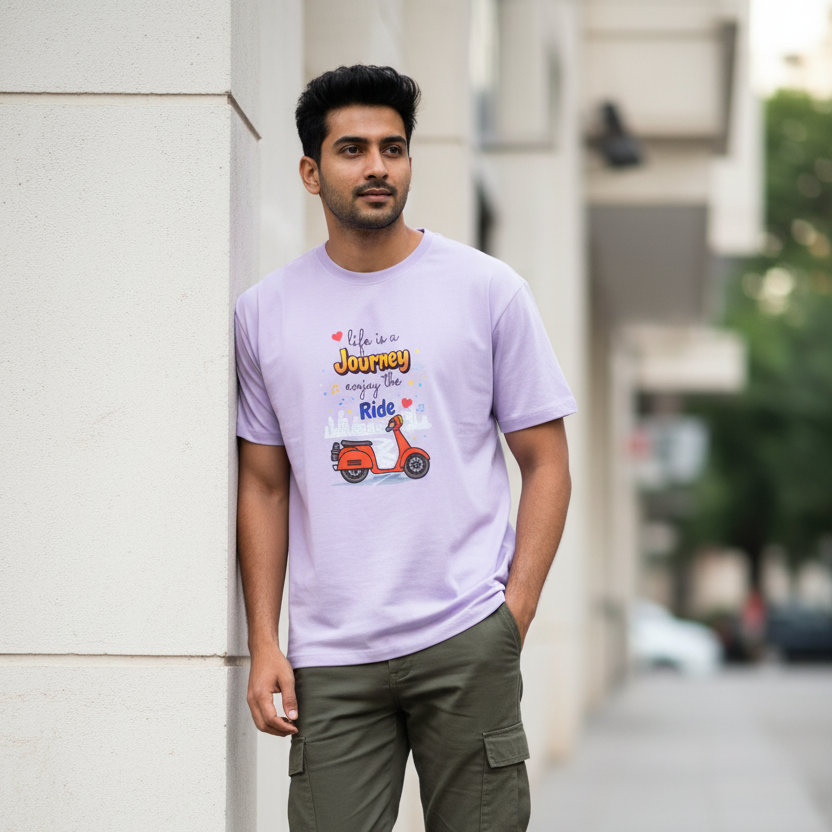Men wearing lavender regular fit cotton t-shirt with Life is a Journey quote, minimal unisex everyday wear for men and women in India - View 2