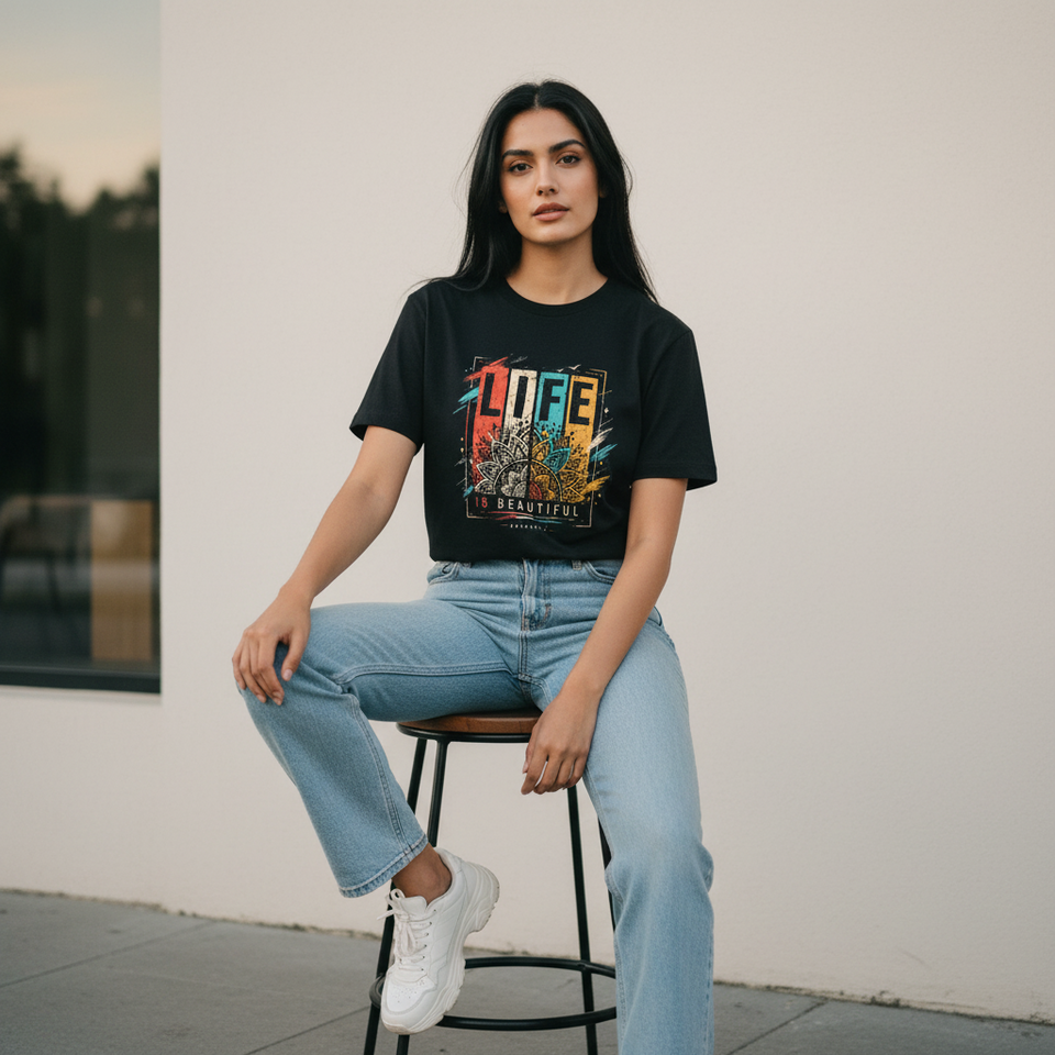 Indian woman wearing Life is Beautiful black graphic t-shirt seated on stool — Trendble unisex regular fit printed tee India - View 2