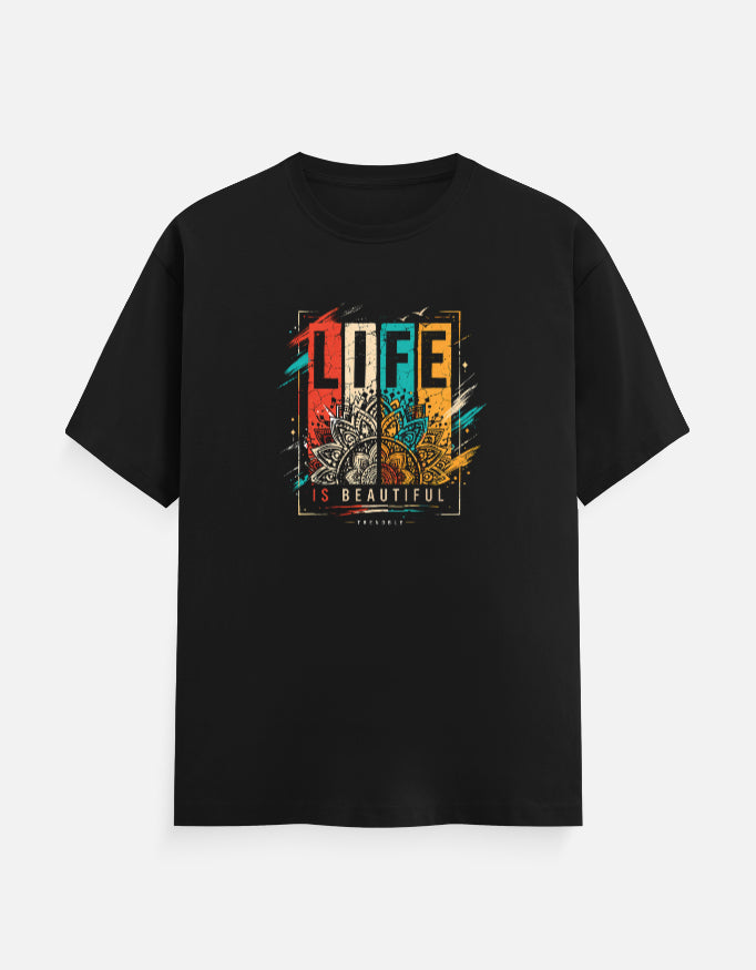 Black unisex graphic t shirt with Life is Beautiful quote and mandala design, regular fit cotton streetwear for everyday wear in India - View 3