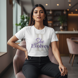 Professional lifestyle image of model wearing She Evolves T-shirt in restaurant - View 1