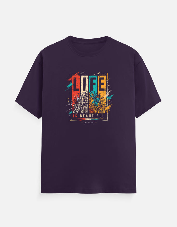 Purple unisex graphic t shirt with Life is Beautiful quote design, regular fit cotton t shirt for streetwear and everyday use in India - View 5