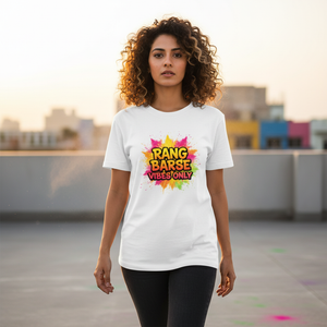 Indian female model wearing Rang Barse Vibes Only Holi t-shirt - lifestyle fashion photography