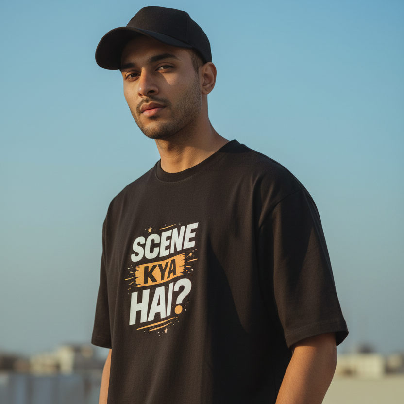 Handsome Indian male model wearing Scene Kya Hai? black oversized drop-shoulder t-shirt by Trendble, Delhi streetwear - View 1