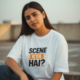 Female model wearing Scene Kya Hai? white oversized drop-shoulder t-shirt by Trendble, Indian streetwear Delhi - View 2