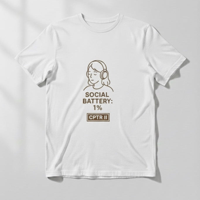 Social Battery 1% T-Shirt | Funny White Half Sleeve Introvert Quote Tee| CPTR-II