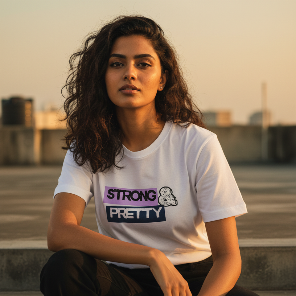 Indian woman wearing Strong and Pretty women's regular fit white graphic t-shirt by Trendble  - View 1