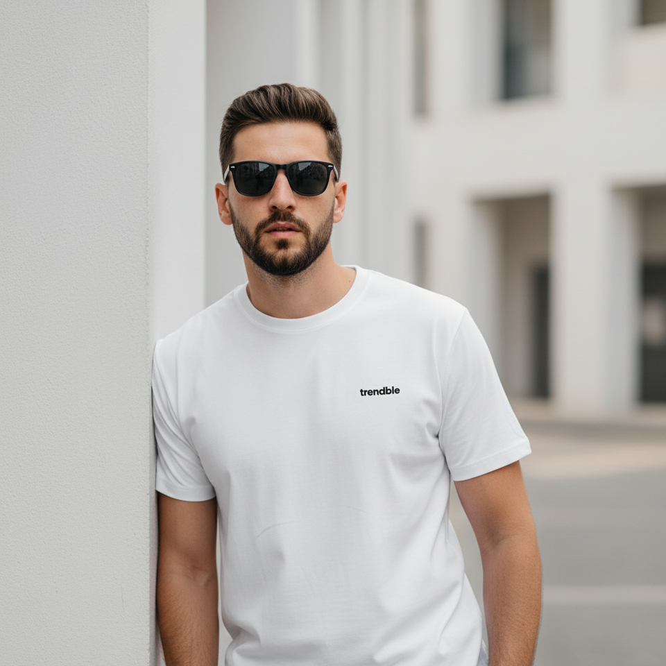Trendble logo detail on Essential lightweight everyday T-shirt India premium minimal design - Indian Male Model - View 2