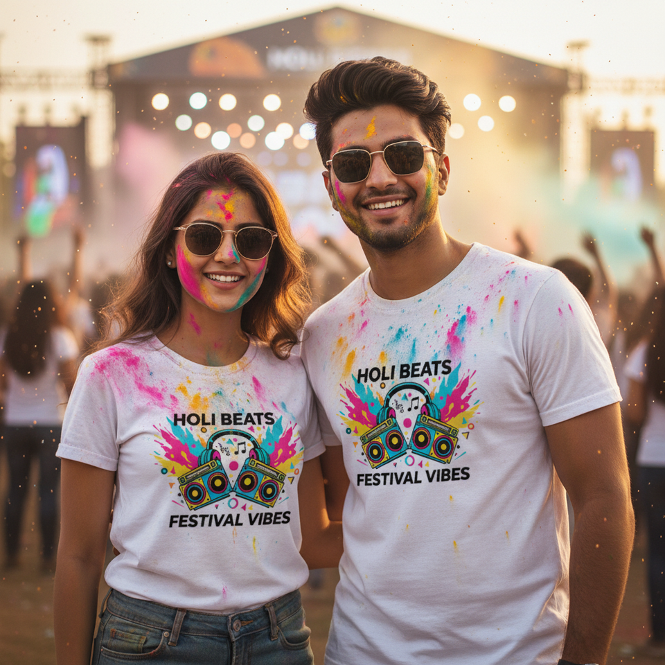 Indian couple wearing matching Holi Beats Festival Vibes white t-shirts at music festival with colorful powder, trendy Holi outfit for couples India - View 1