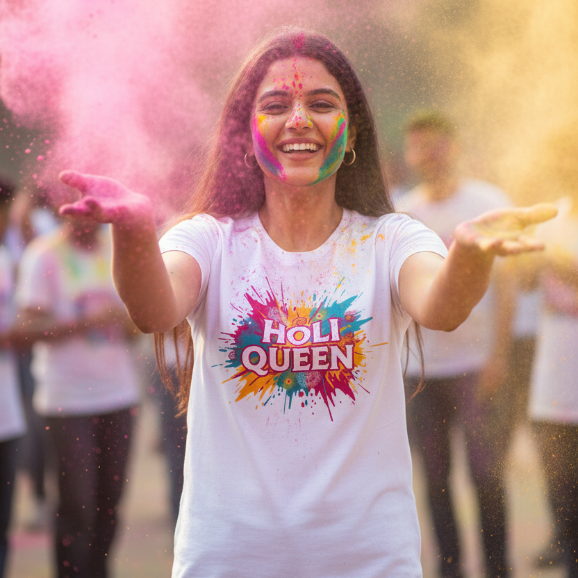 Woman wearing white Holi Queen t-shirt with colorful Holi powder, regular fit cotton tee for women India
 - View 1