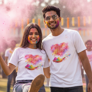 Indian couple wearing matching Love & Colors Holi t-shirts at festival celebration, coordinated outfit India