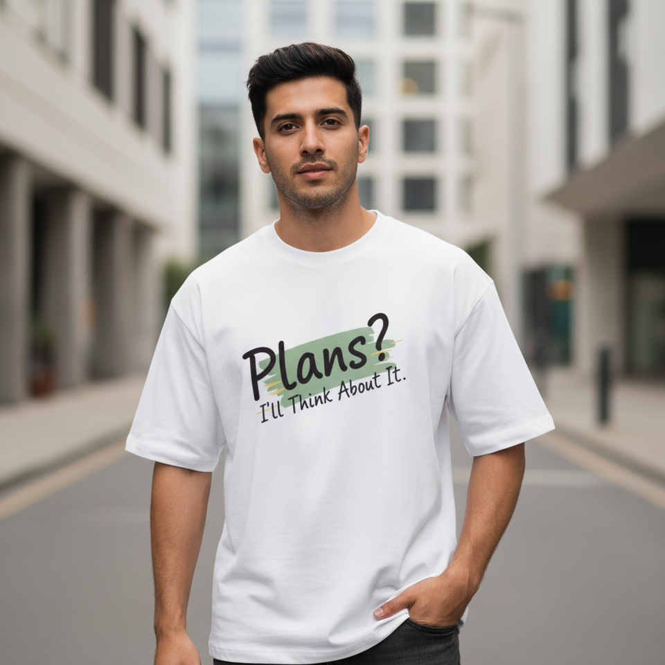 White Oversized T-Shirt Fashion Photography - Plans? I'll Think About It - Male Model - View 2